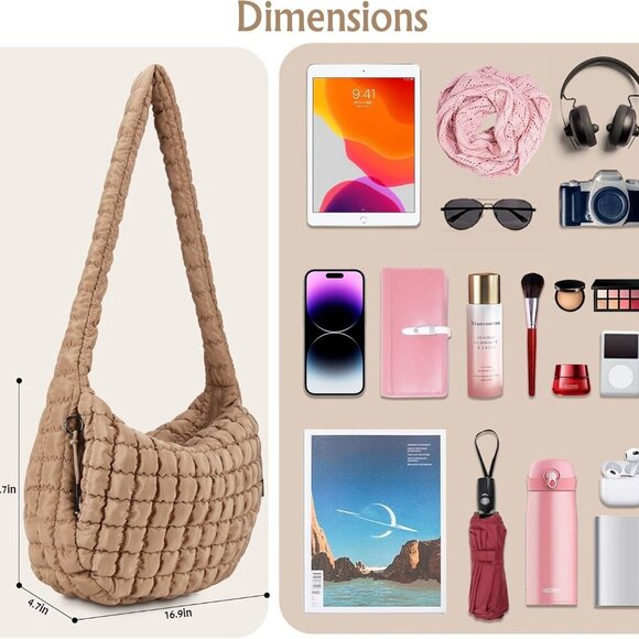 Puffer Tote Bag for Women, Hobo Bag Large Quilted Carryall Bag Soft Puffy Crossb - Picture 3 of 7